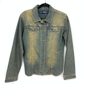 AC-3998 Long Sleeve Shirt jacket Womens Size Large Dirty Wash Denim Look